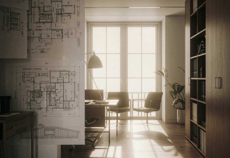 "Imagen digital de un elegante espacio de oficina arquitectónica iluminado por luz natural, con planos detallados y elementos de diseño sofisticados que reflejan innovación y atención personalizada."