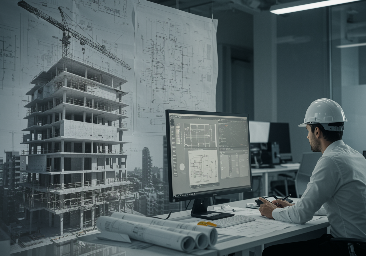 "Arquitecto revisando planos digitales de un moderno edificio en construcción, destacando innovación y precisión en proyectos arquitectónicos."
