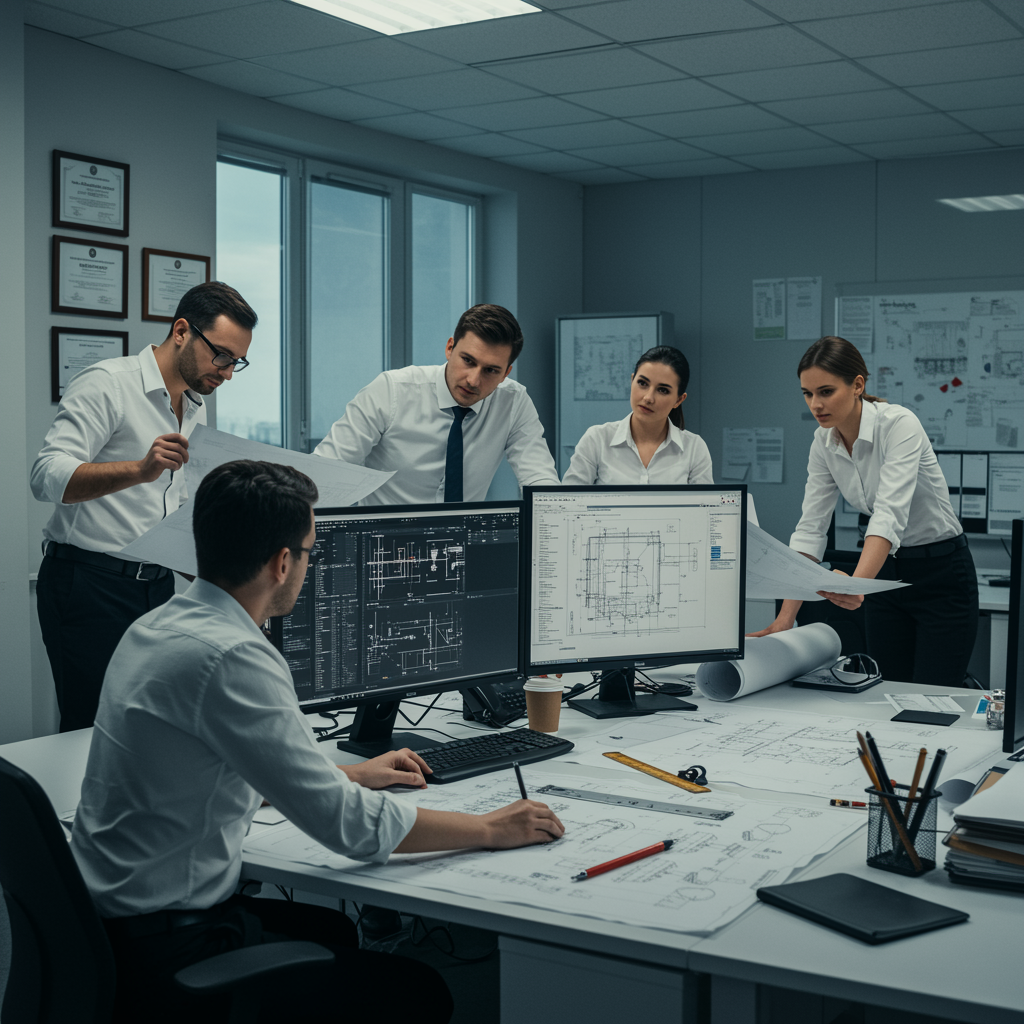 "Oficina moderna con equipo de profesionales en gestión de proyectos de arquitectura, rodeados de planos y herramientas digitales, transmitiendo confianza y experiencia."