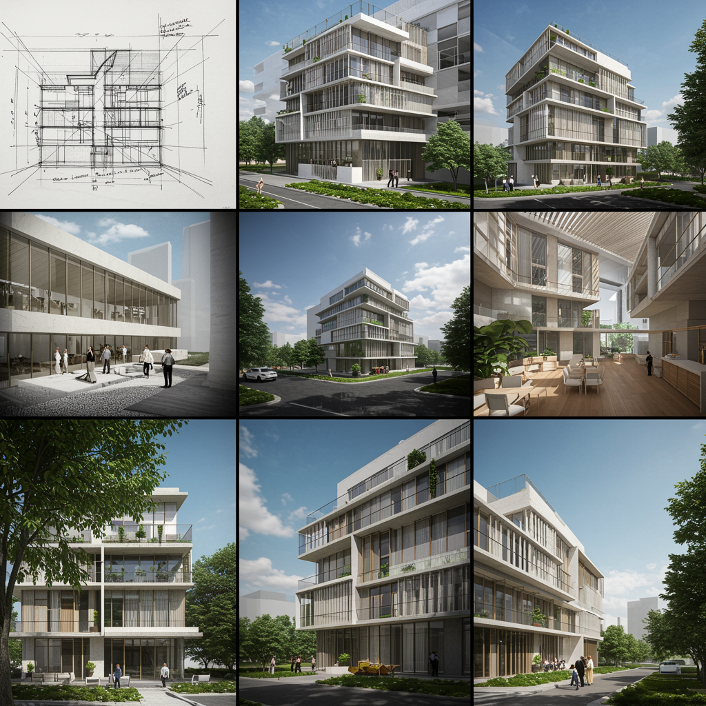 "Collage visual que integra bocetos arquitectónicos, planos precisos y renderizados 3D, resaltando la fusión de creatividad y técnica en el diseño de proyectos arquitectónicos modernos."