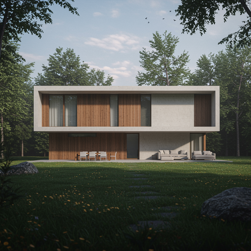 "Casa moderna y minimalista con diseño innovador y sostenible, integrada armoniosamente en su entorno natural."