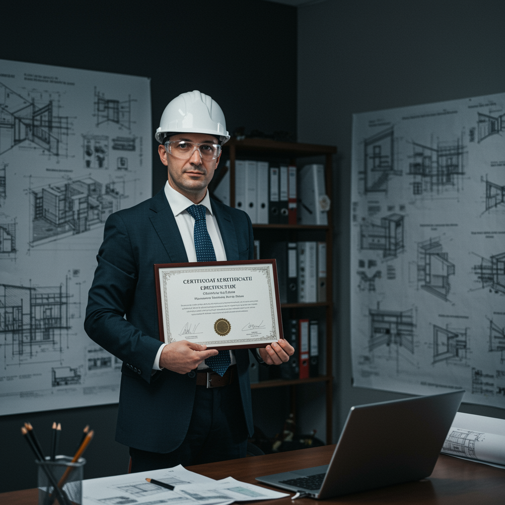 "Arquitecto en oficina contemporánea sosteniendo certificado profesional, rodeado de planos y bocetos, transmitiendo elegancia y credibilidad en el diseño arquitectónico."