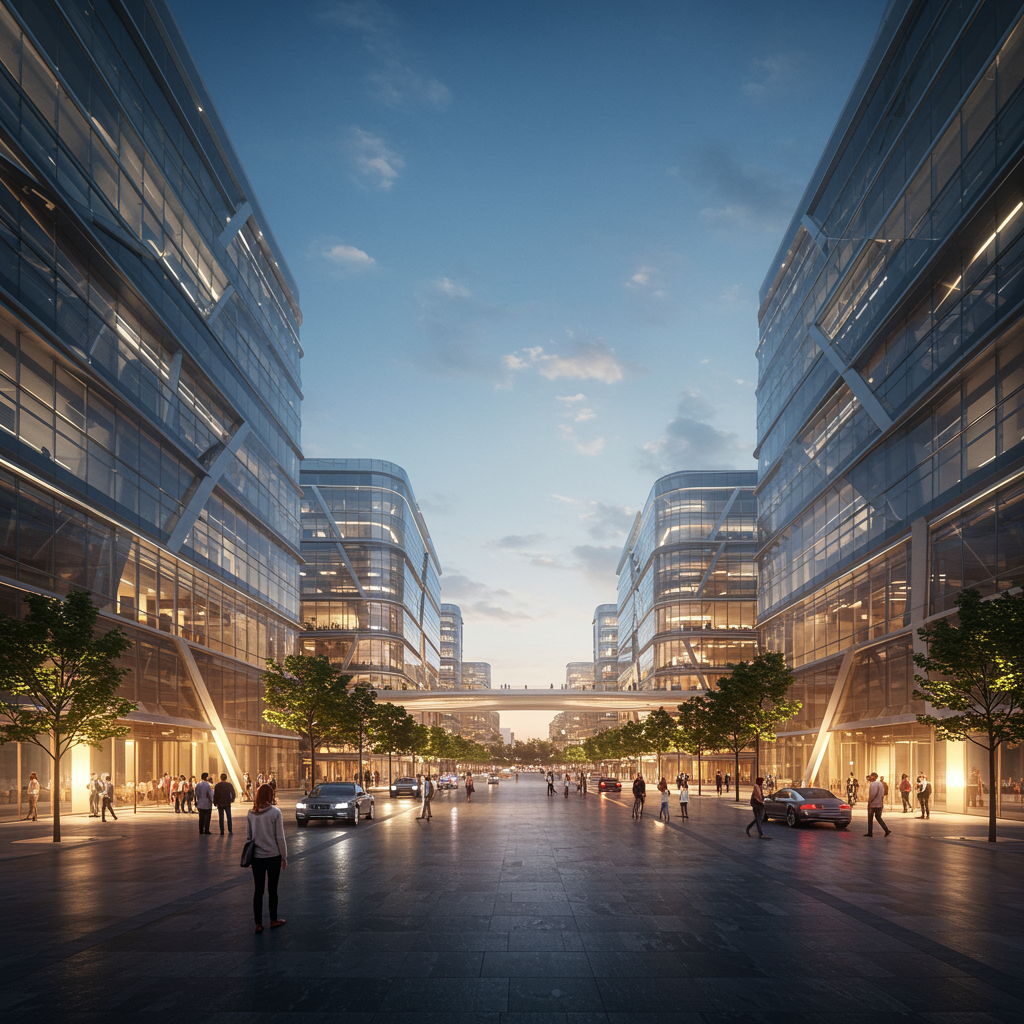 "Visualización arquitectónica futurista de un complejo urbano moderno con estructuras de vidrio y acero, mostrando un diseño innovador y ambicioso bajo un cielo azul claro."