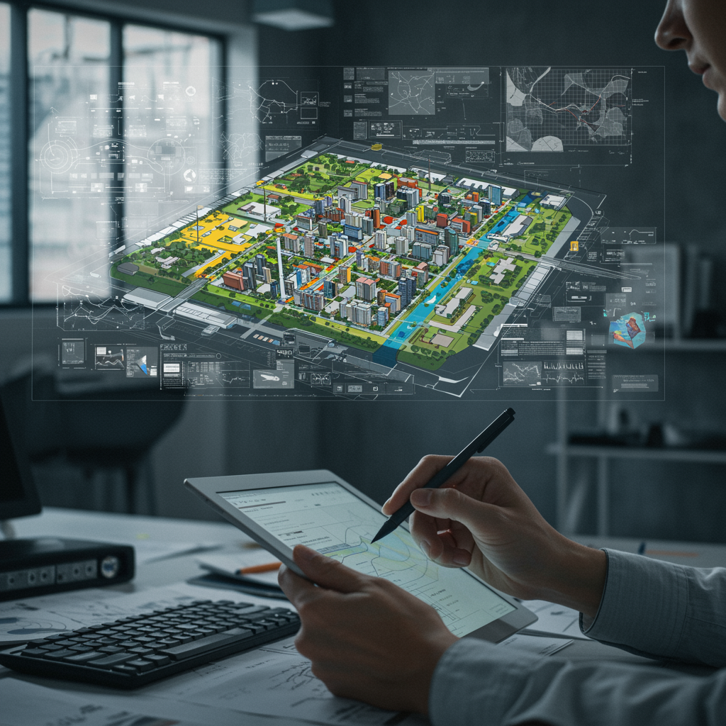 "Plano urbano futurista con diseño detallado y un urbanista utilizando una tablet en un estudio moderno."